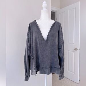Free People Black Faded/Distressed Oversize Waffle Knit Top